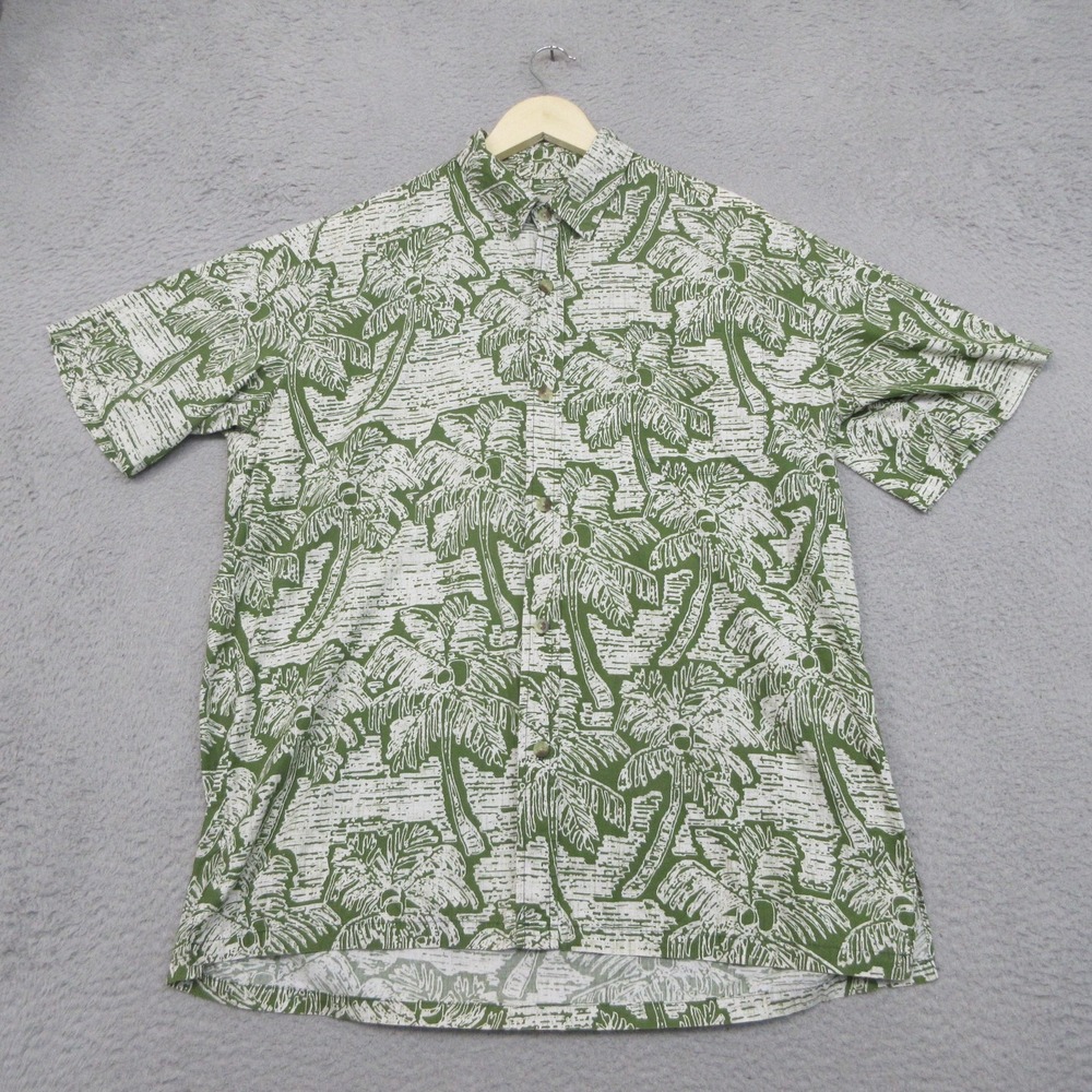 Two Paddles‎ Hawaiian Shirt Mens L Green Palm Tree Aloha Camp Made In Hawaii